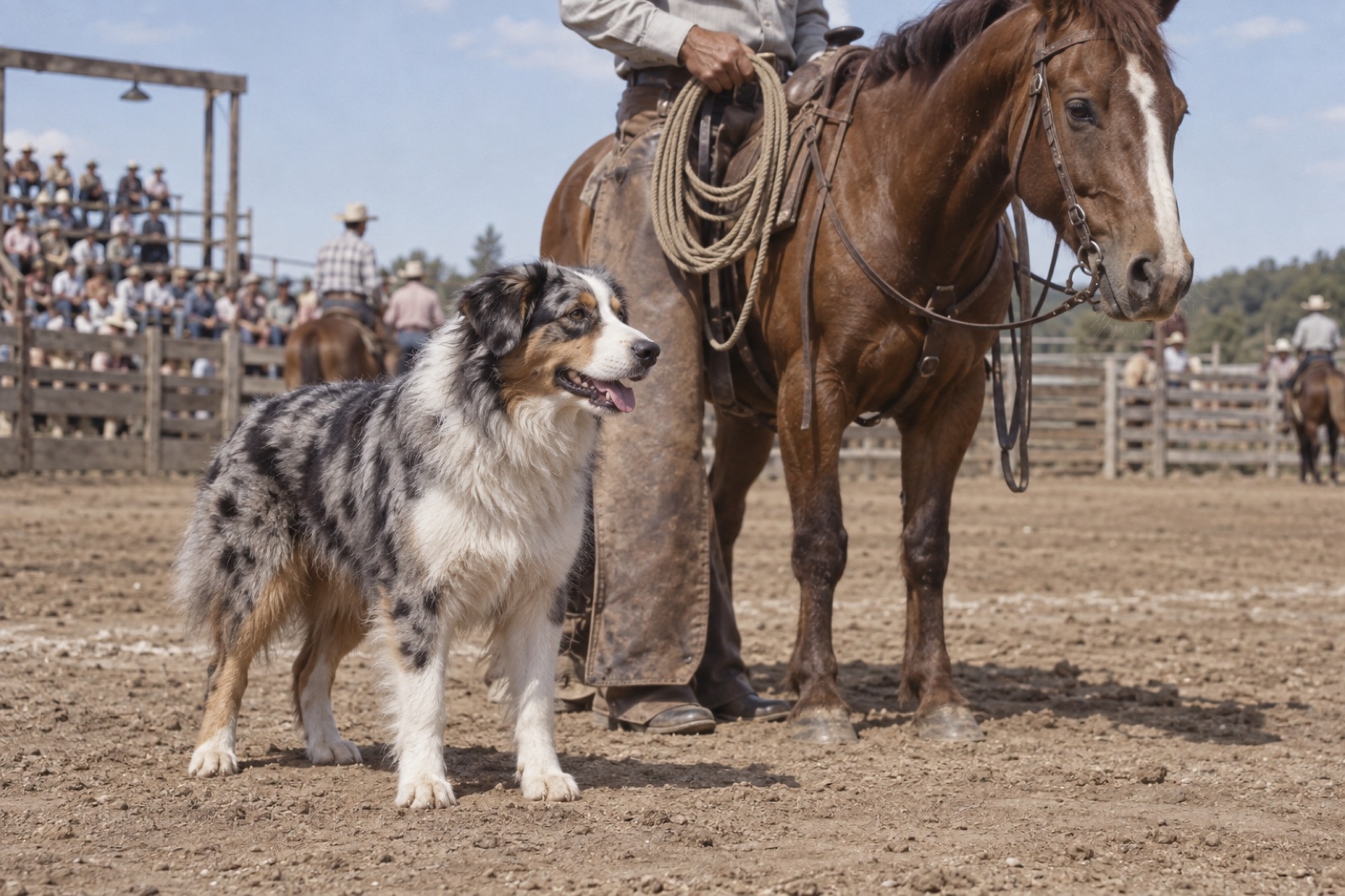 Pastor Australiano junto a un caballo en una exhibici&oacute;n western de mediados del siglo XX